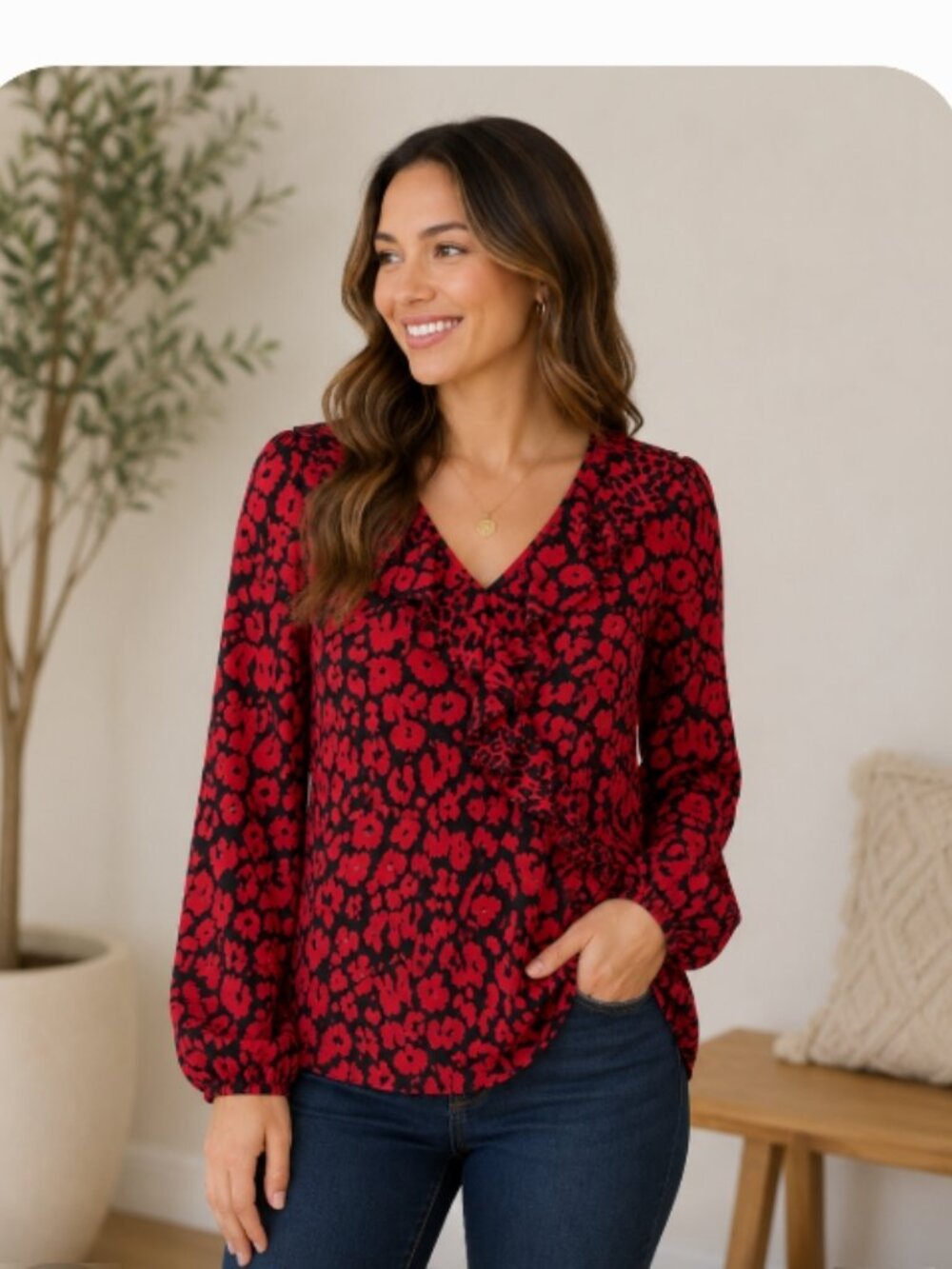 Lane Bryant LIKE NEW red/black animal print ruffle front v neck blouse size 14